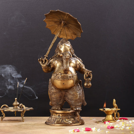 Pure Brass Standing Ganesha with Umbrella Idol | 18" - Budhshiv.com