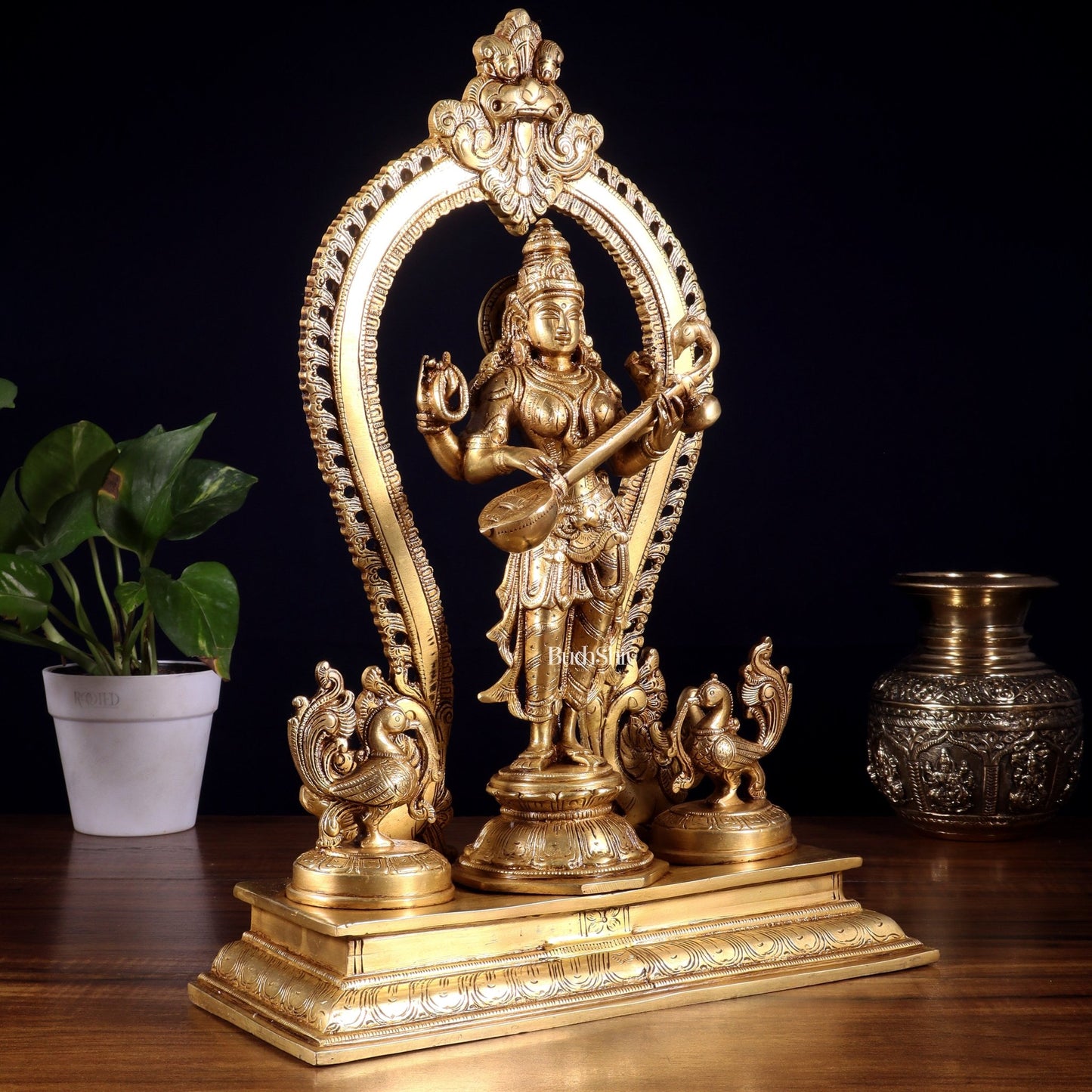 Pure Brass Standing Goddess Saraswati Idol with Swans | 15” - Budhshiv.com