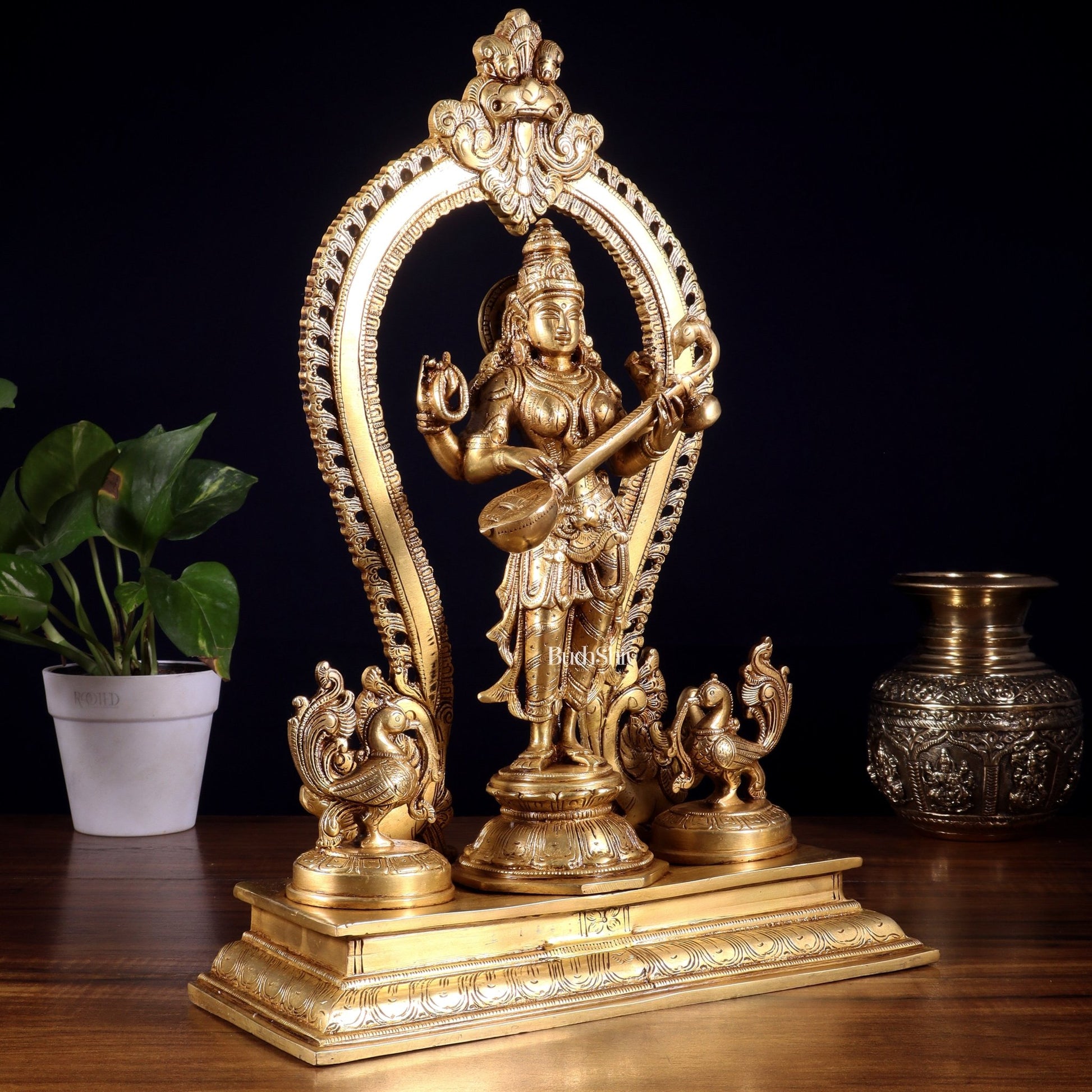 Pure Brass Standing Goddess Saraswati Idol with Swans | 15” - Budhshiv.com