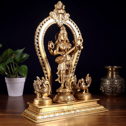 Pure Brass Standing Goddess Saraswati Idol with Swans | 15” - Budhshiv.com