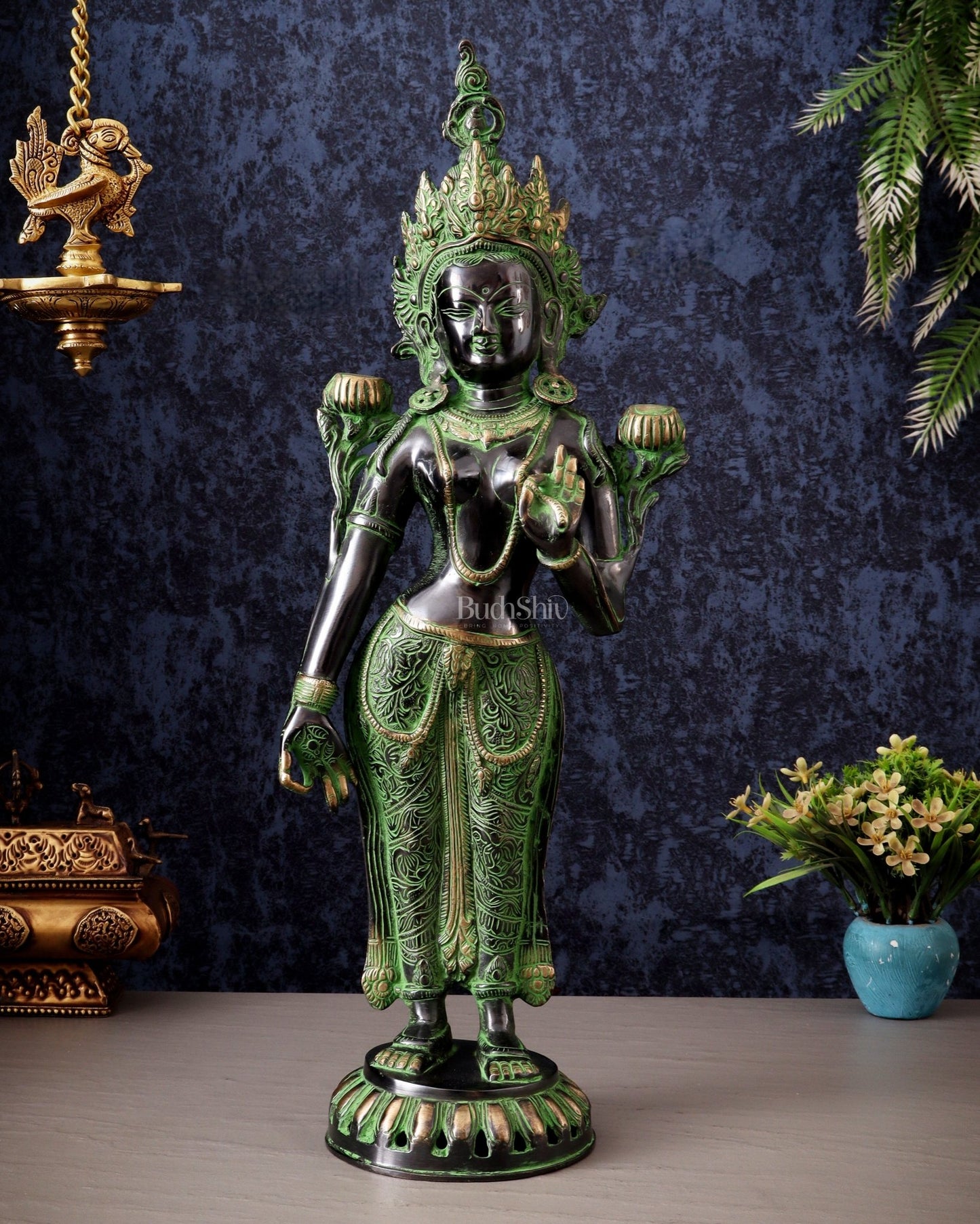 Pure Brass Standing Goddess Tara Idol – Dual Tone black & green Finish 19.5" - Budhshiv.com