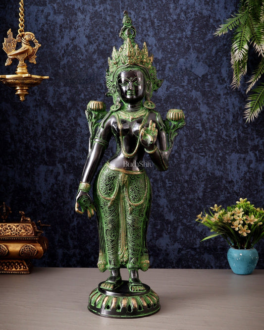 Pure Brass Standing Goddess Tara Idol – Dual Tone black & green Finish 19.5" - Budhshiv.com