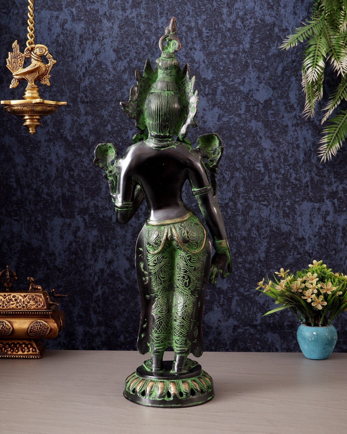 Pure Brass Standing Goddess Tara Idol – Dual Tone black & green Finish 19.5" - Budhshiv.com