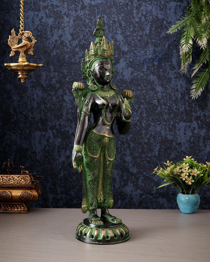 Pure Brass Standing Goddess Tara Idol – Dual Tone black & green Finish 19.5" - Budhshiv.com