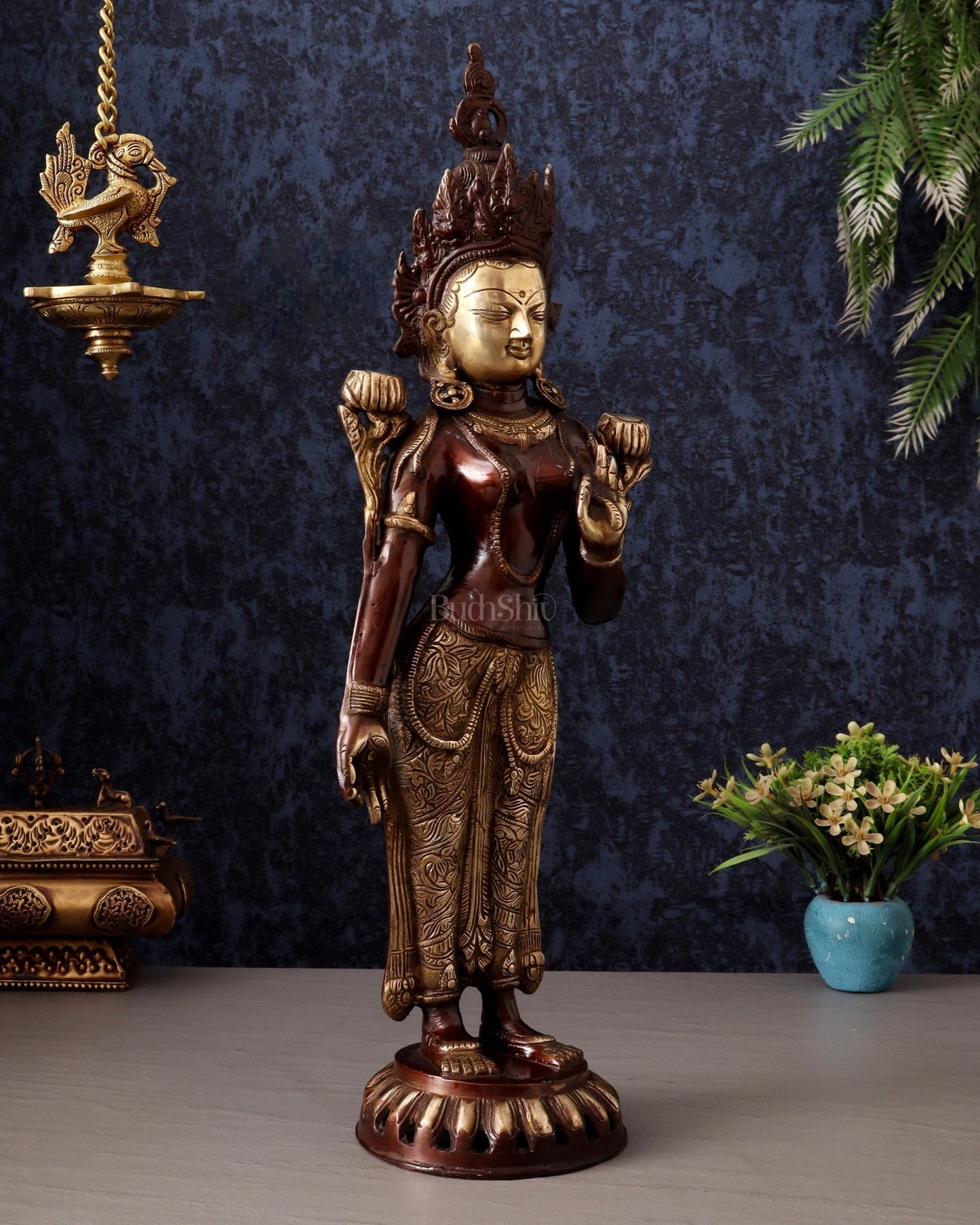Pure Brass Standing Goddess Tara Idol – Dual Tone Copper & Gold Finish 19.5" - Budhshiv.com