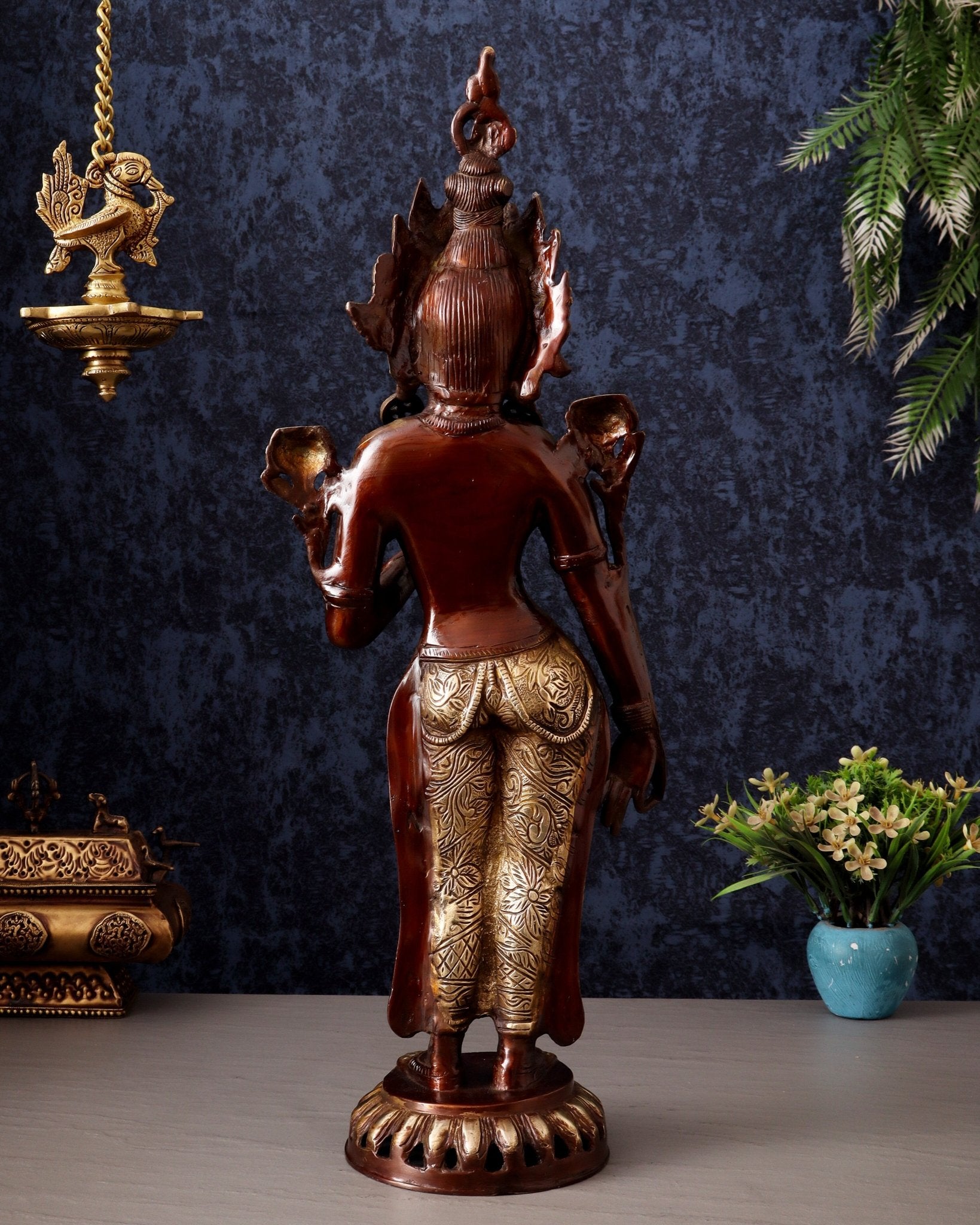 Pure Brass Standing Goddess Tara Idol – Dual Tone Copper & Gold Finish 19.5" - Budhshiv.com