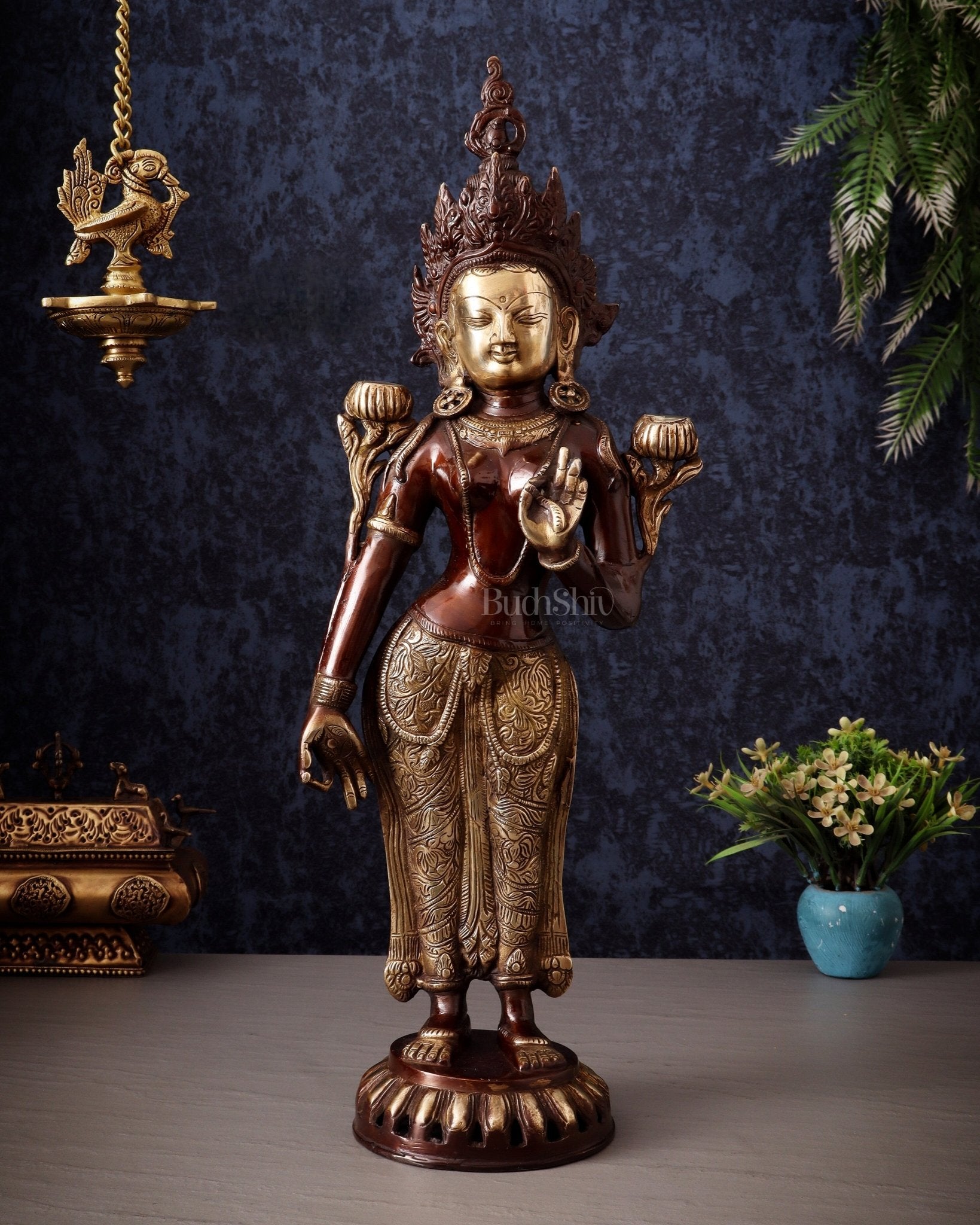 Pure Brass Standing Goddess Tara Idol – Dual Tone Copper & Gold Finish 19.5" - Budhshiv.com