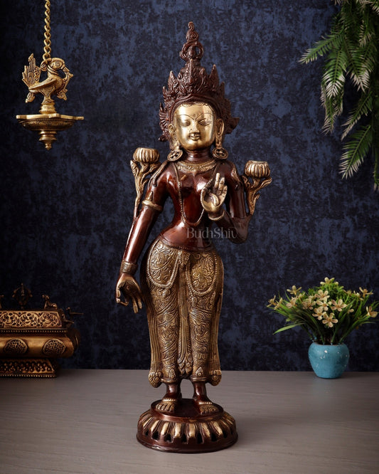 Pure Brass Standing Goddess Tara Idol – Dual Tone Copper & Gold Finish 19.5" - Budhshiv.com