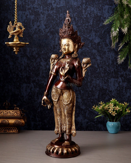 Pure Brass Standing Goddess Tara Idol – Dual Tone Copper & Gold Finish 19.5" - Budhshiv.com