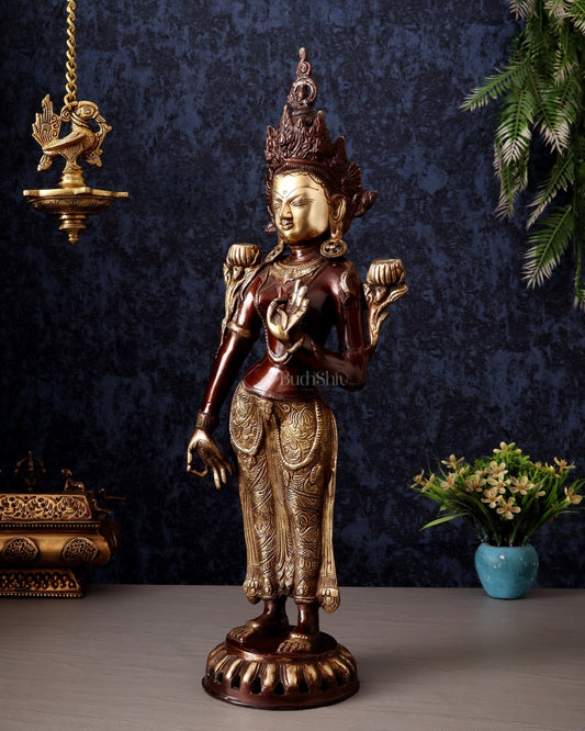 Pure Brass Standing Goddess Tara Idol – Dual Tone Copper & Gold Finish 19.5" - Budhshiv.com