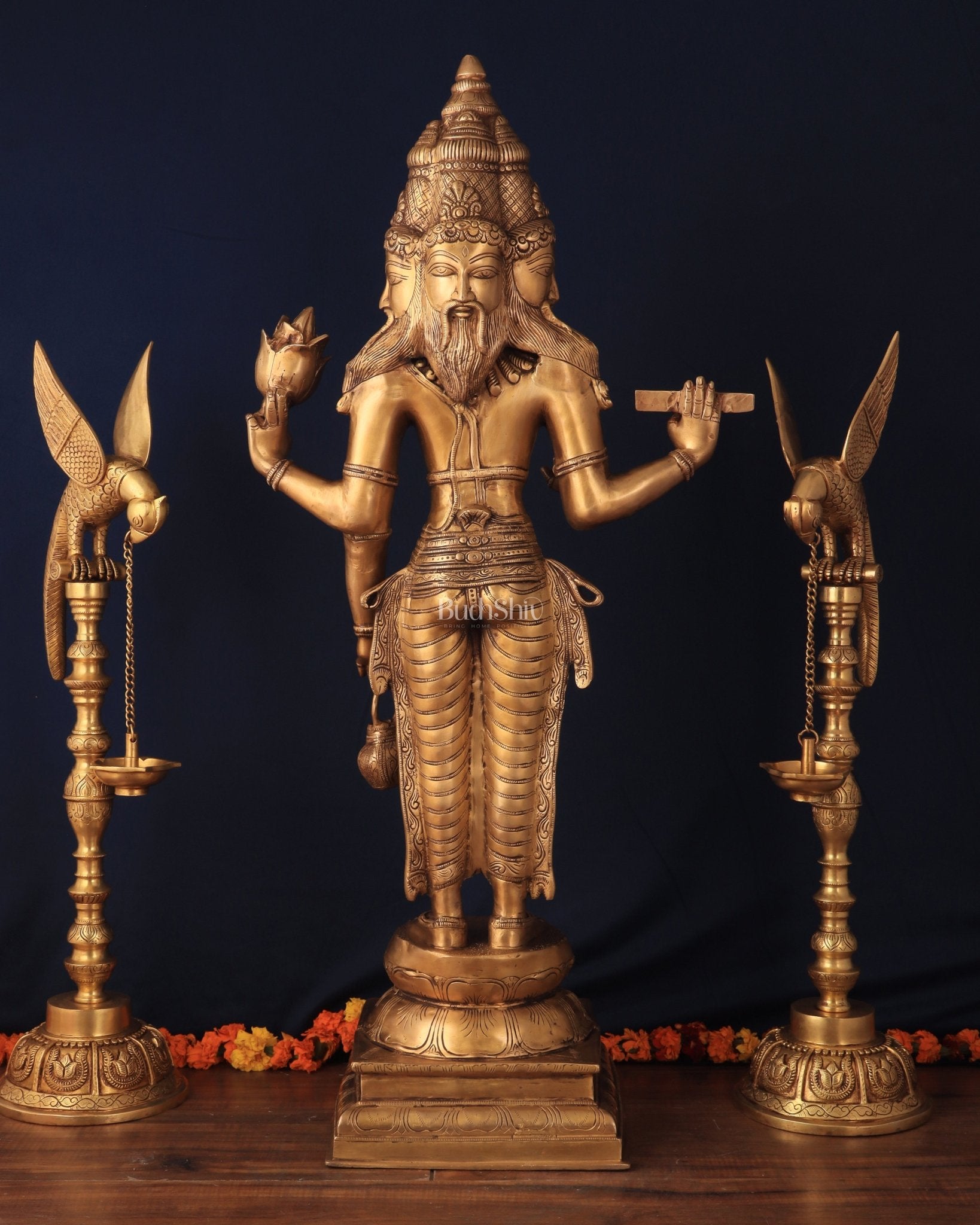 Pure Brass Standing Guru Brahma Large Statue 38.5" - Budhshiv.com