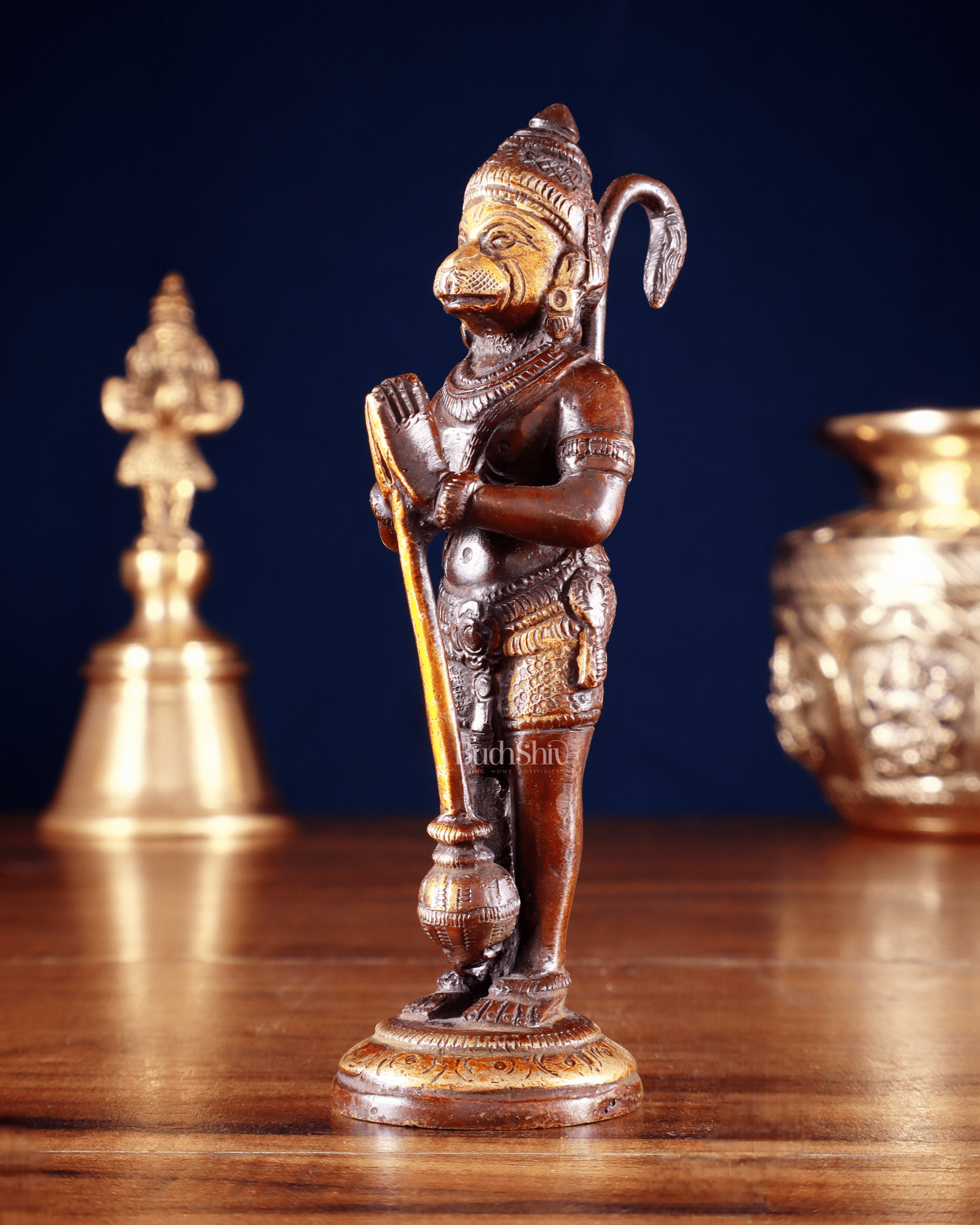 Pure Brass Standing Hanuman Ji in Namaskar 5Mudra – Dual Tone 5.2" - Budhshiv.com