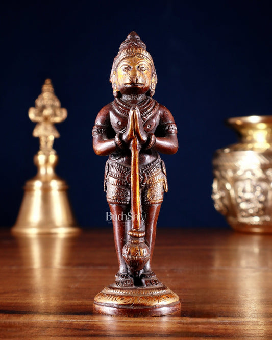Pure Brass Standing Hanuman Ji in Namaskar 5Mudra – Dual Tone 5.2" - Budhshiv.com