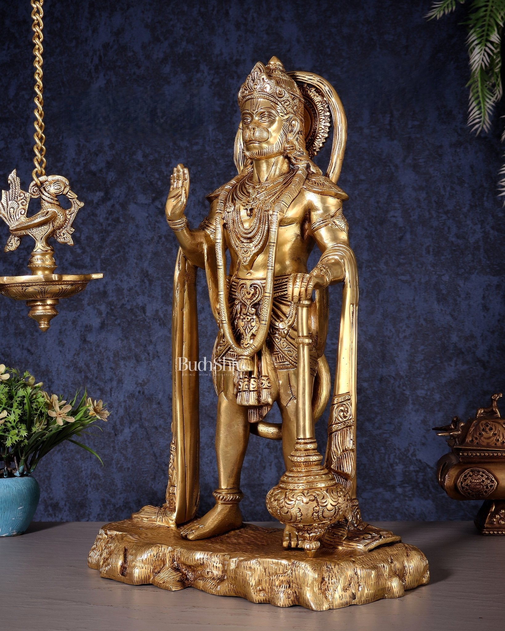 Pure Brass Standing Hanuman Statue - 18" enhanced carvings - Budhshiv.com