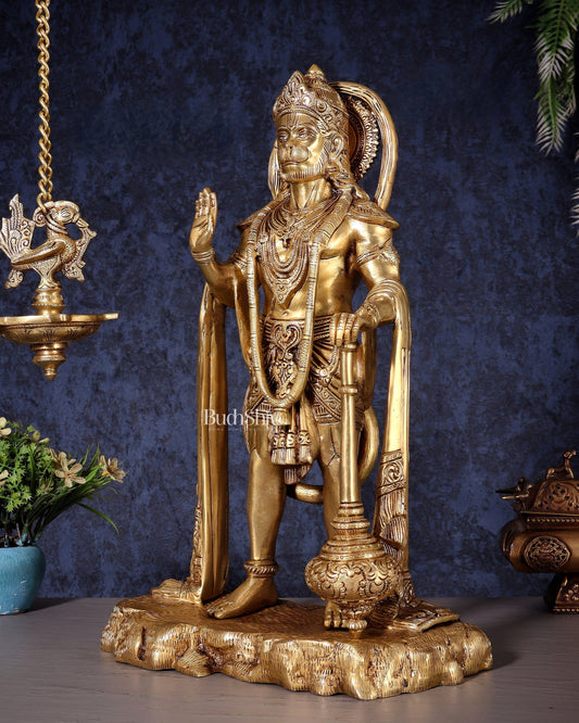 Pure Brass Standing Hanuman Statue - 18" enhanced carvings - Budhshiv.com