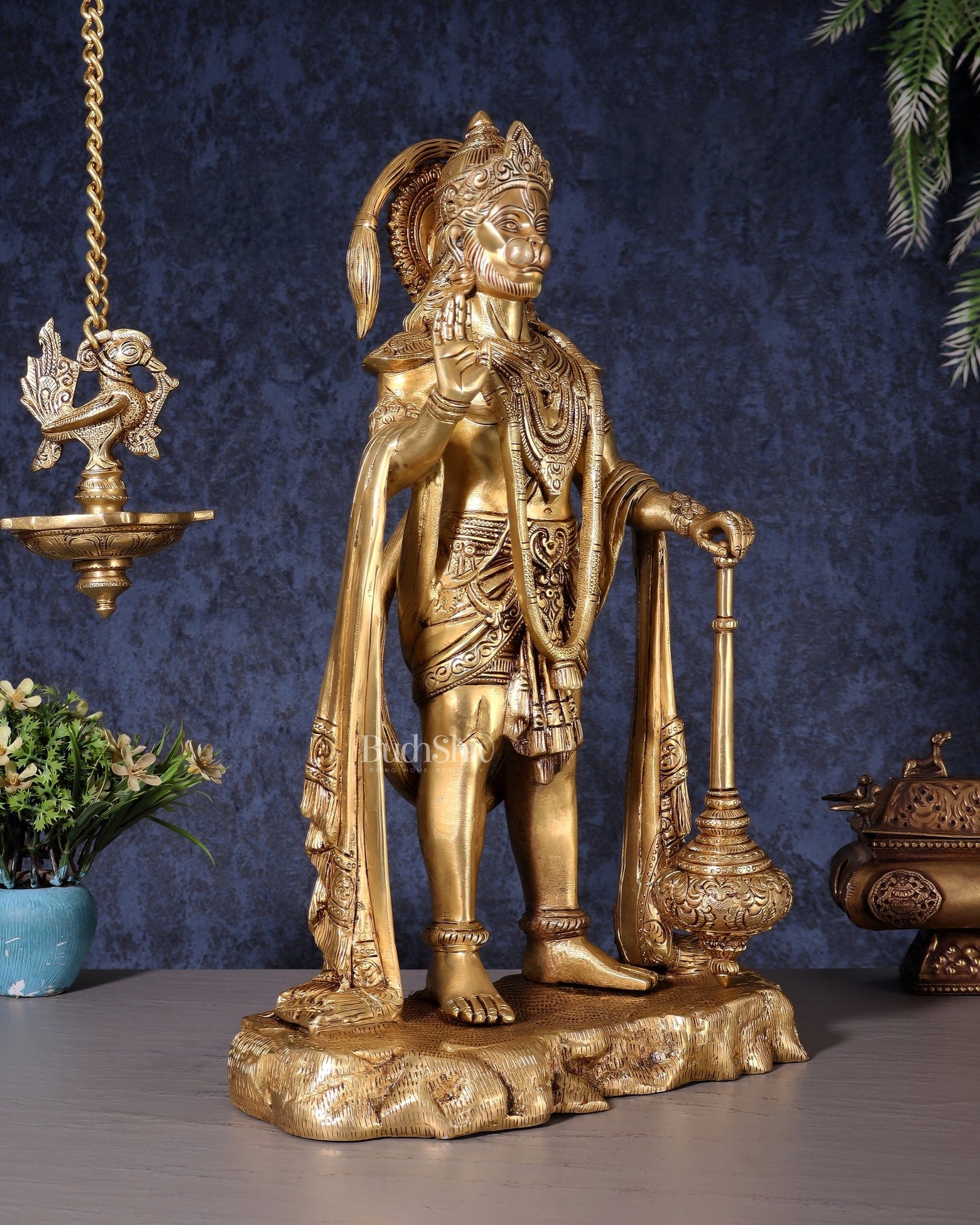 Pure Brass Standing Hanuman Statue - 18" enhanced carvings - Budhshiv.com