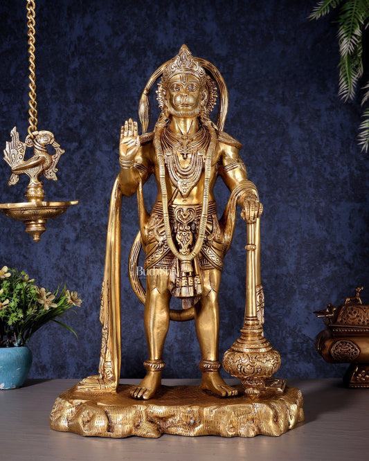 Pure Brass Standing Hanuman Statue - 18" enhanced carvings - Budhshiv.com