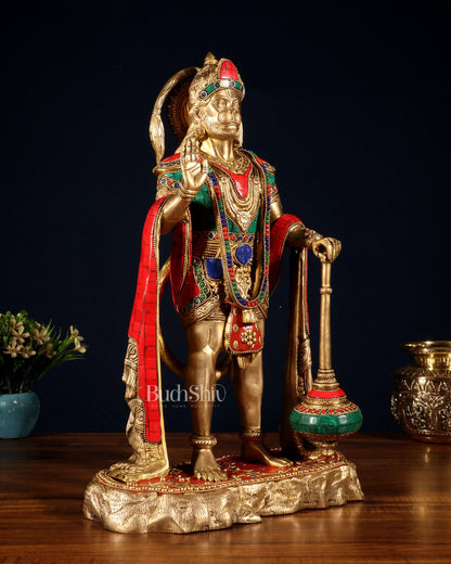 Pure Brass Standing Hanuman Statue - 18" meenakari Stonework - Budhshiv.com