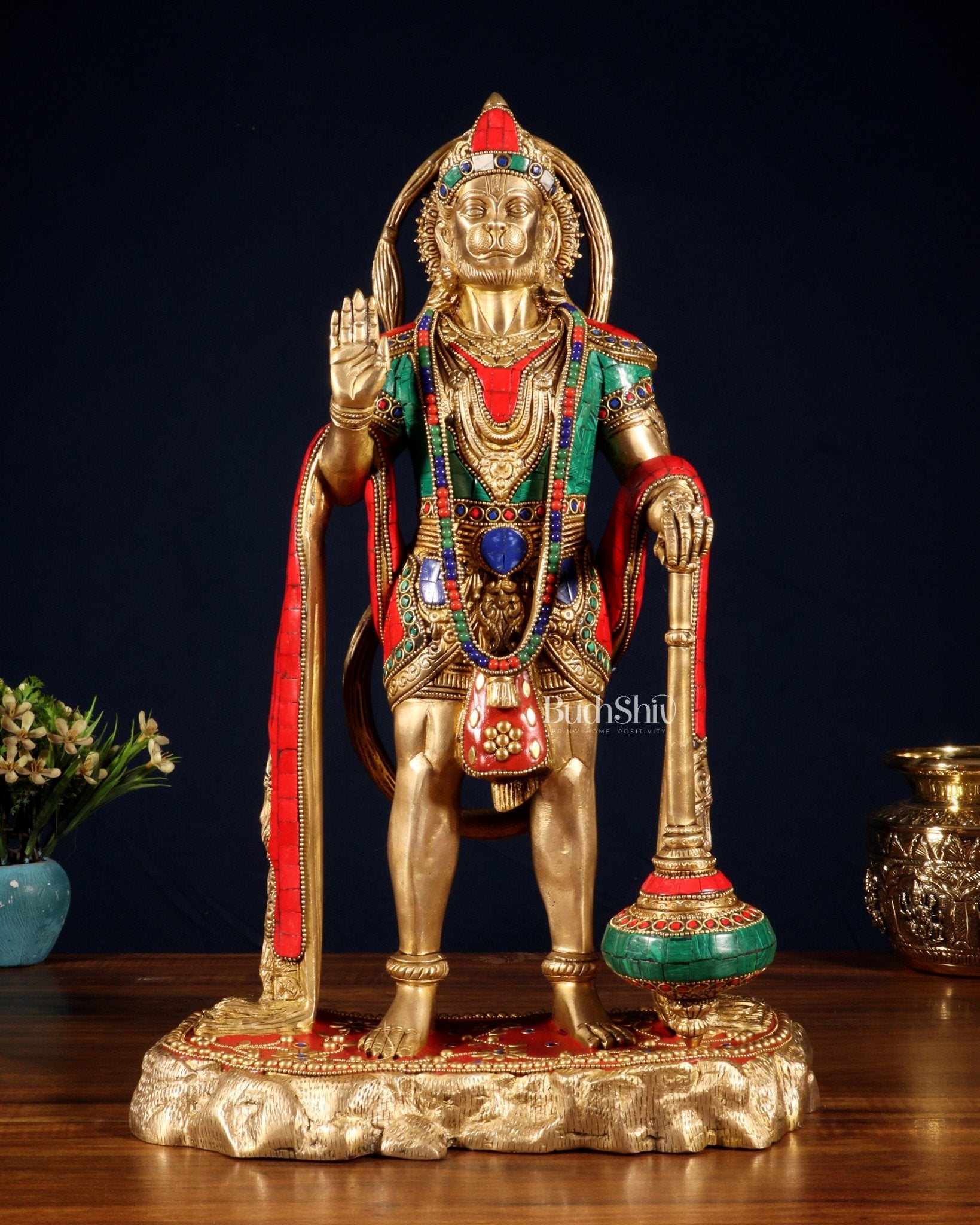 Pure Brass Standing Hanuman Statue - 18" meenakari Stonework - Budhshiv.com