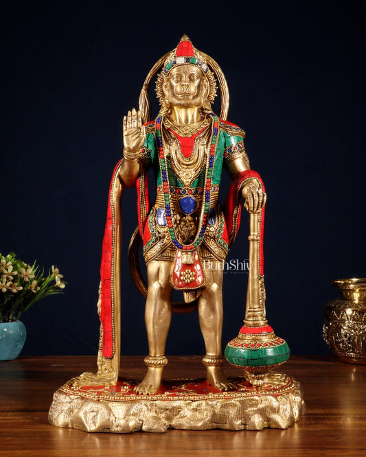 Pure Brass Standing Hanuman Statue - 18" meenakari Stonework - Budhshiv.com