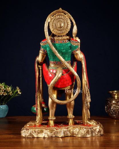 Pure Brass Standing Hanuman Statue - 18" meenakari Stonework - Budhshiv.com