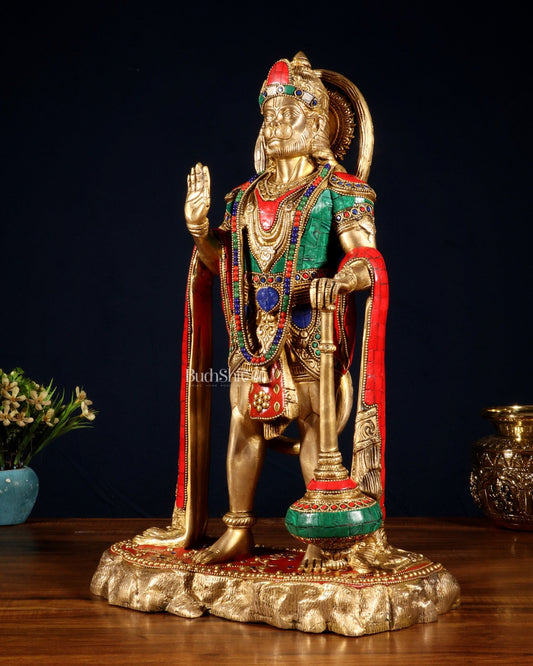 Pure Brass Standing Hanuman Statue - 18" meenakari Stonework - Budhshiv.com