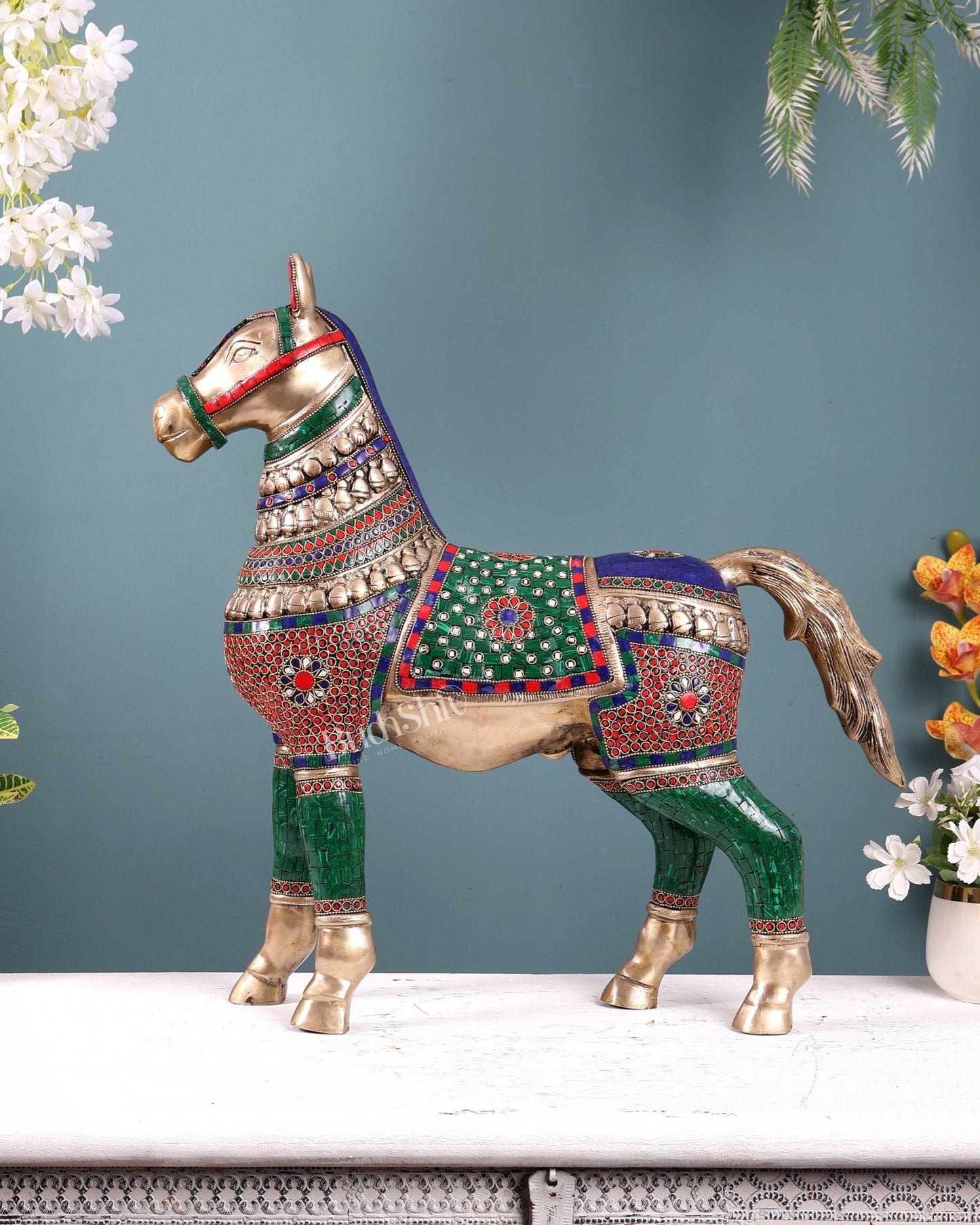 Pure Brass Standing Horse with stonework Home Décor Showpiece 21" - Budhshiv.com
