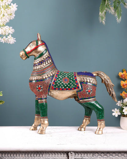 Pure Brass Standing Horse with stonework Home Décor Showpiece 21" - Budhshiv.com