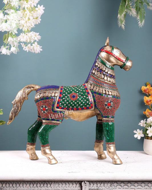 Pure Brass Standing Horse with stonework Home Décor Showpiece 21" - Budhshiv.com