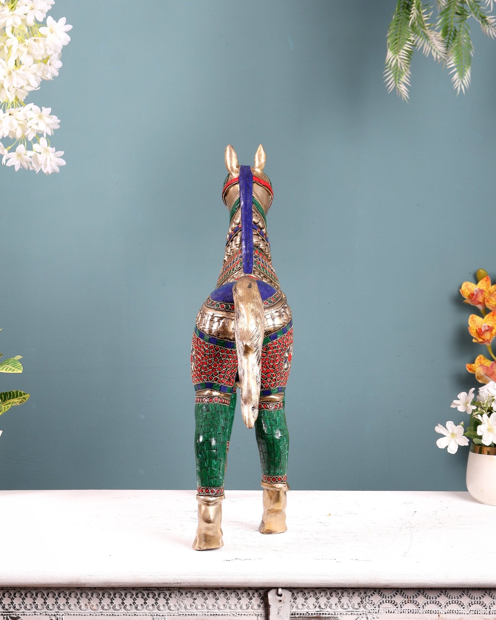 Pure Brass Standing Horse with stonework Home Décor Showpiece 21" - Budhshiv.com
