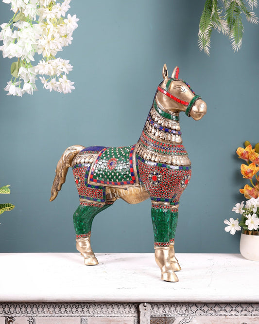 Pure Brass Standing Horse with stonework Home Décor Showpiece 21" - Budhshiv.com