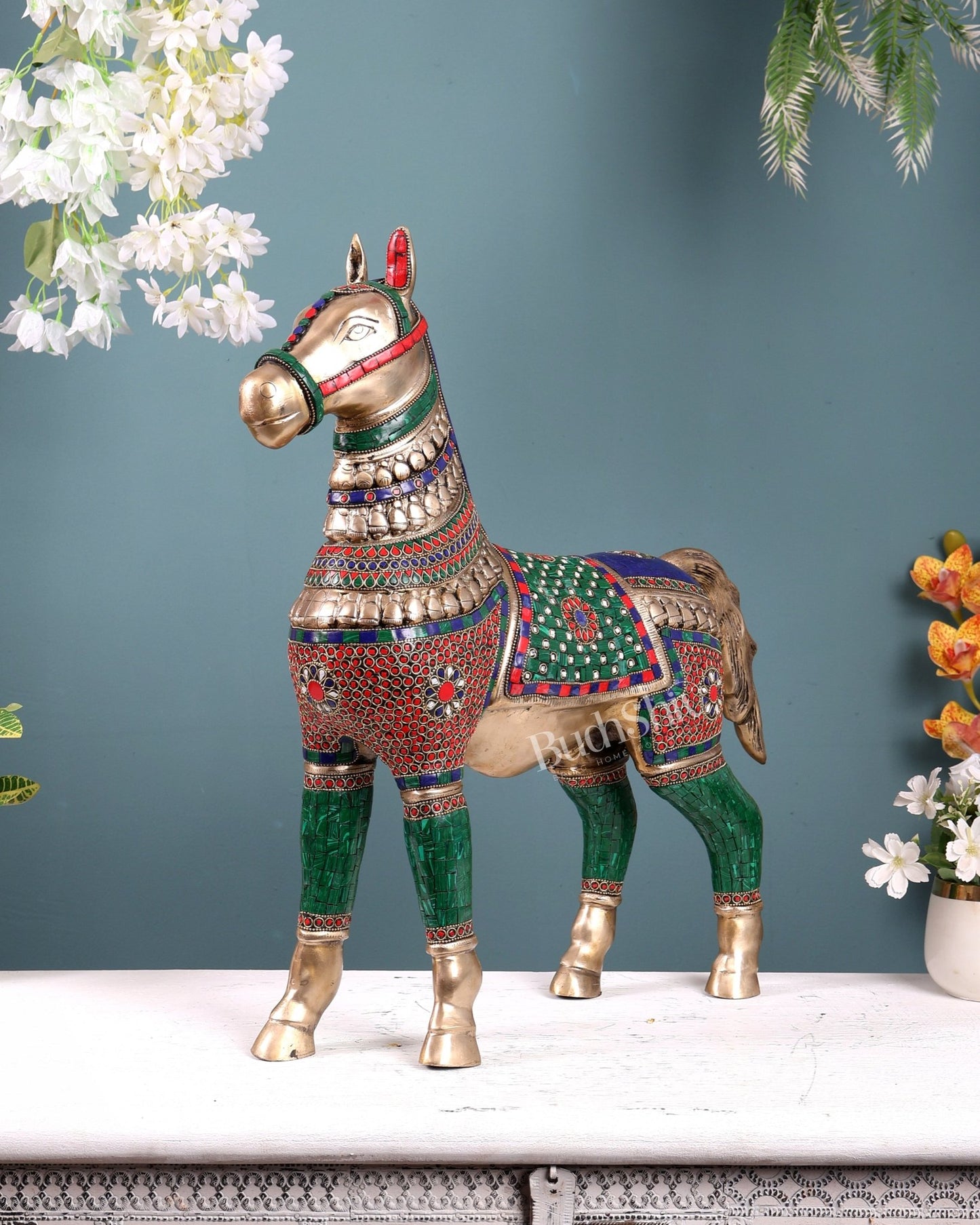 Pure Brass Standing Horse with stonework Home Décor Showpiece 21" - Budhshiv.com