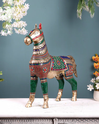 Pure Brass Standing Horse with stonework Home Décor Showpiece 21" - Budhshiv.com