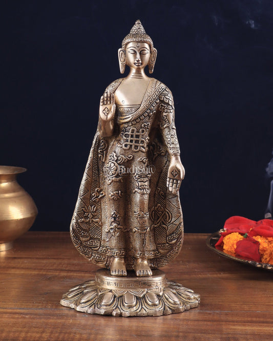 Pure Brass Standing Lord Buddha Statue – Fully Engraved 11" - Budhshiv.com