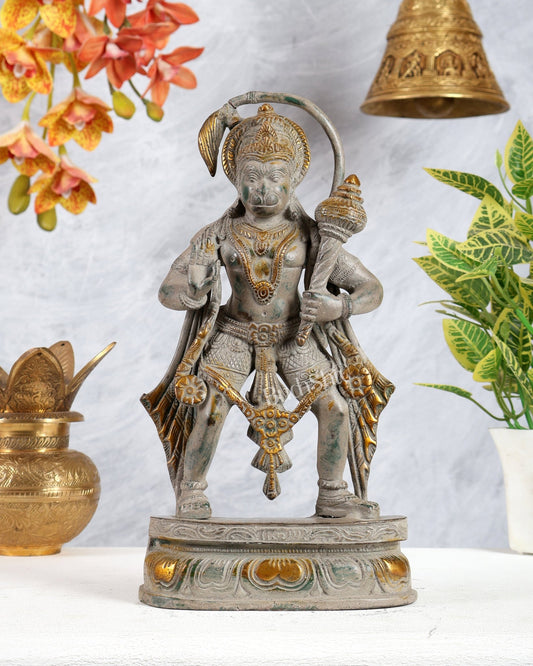 Pure Brass Standing Lord Hanuman Statue sand finish 11 inch - Budhshiv.com