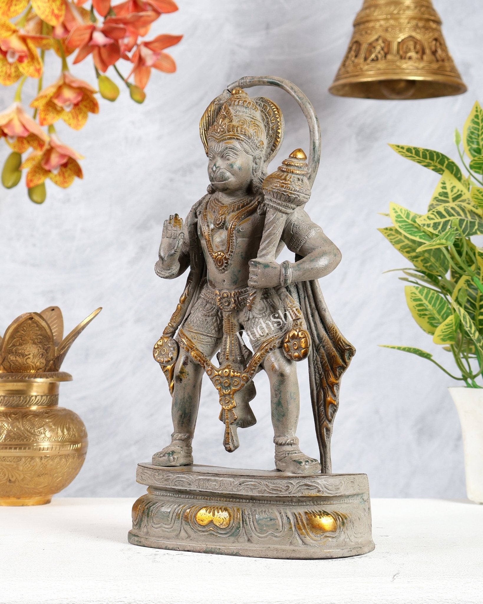 Pure Brass Standing Lord Hanuman Statue sand finish 11 inch - Budhshiv.com