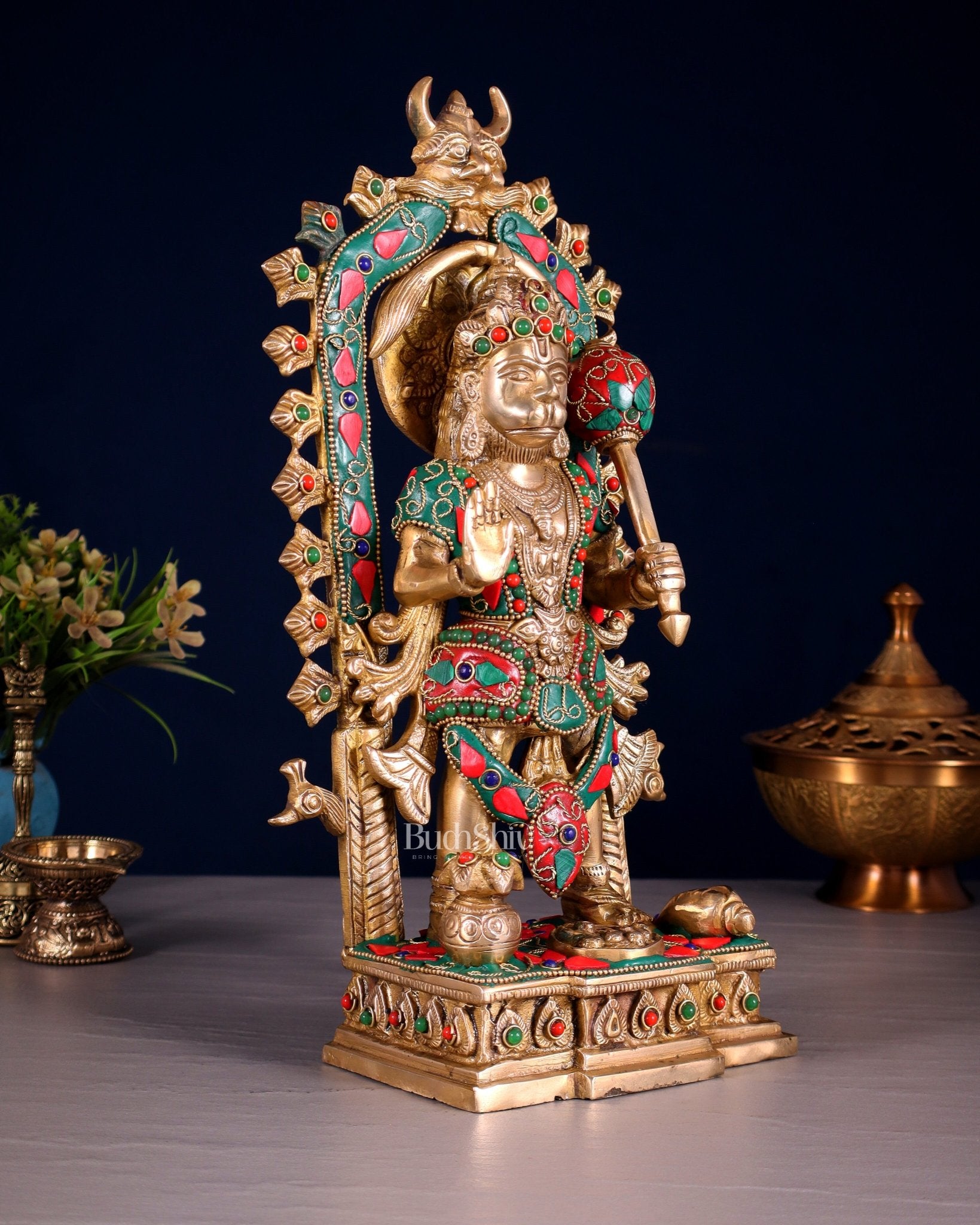 Pure Brass Standing Lord Hanuman with Kirtimukha Prabhavali 12 INCH - Budhshiv.com