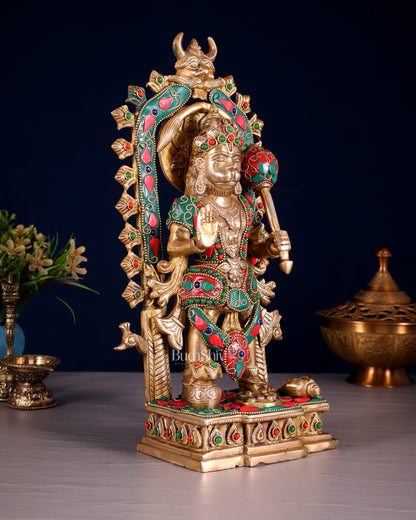 Pure Brass Standing Lord Hanuman with Kirtimukha Prabhavali 12 INCH - Budhshiv.com