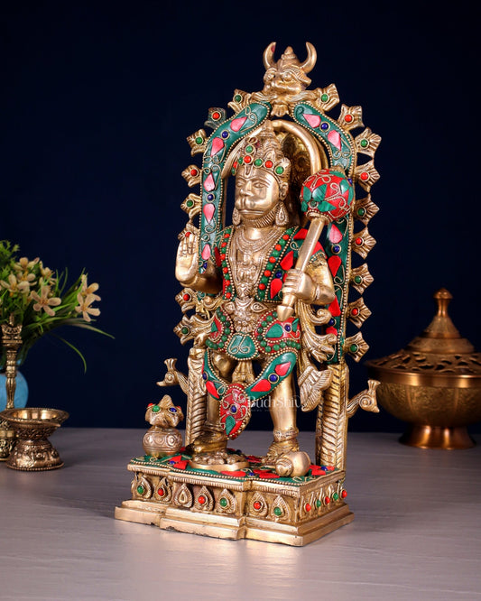 Pure Brass Standing Lord Hanuman with Kirtimukha Prabhavali 12 INCH - Budhshiv.com