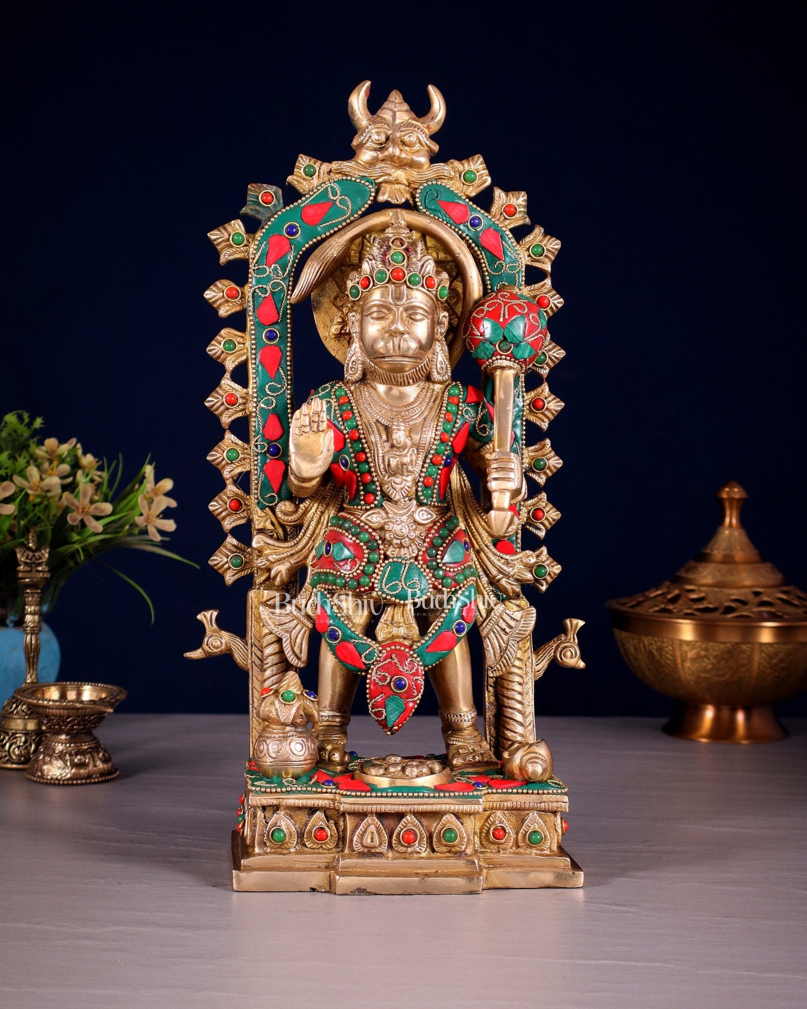 Pure Brass Standing Lord Hanuman with Kirtimukha Prabhavali 12 INCH - Budhshiv.com
