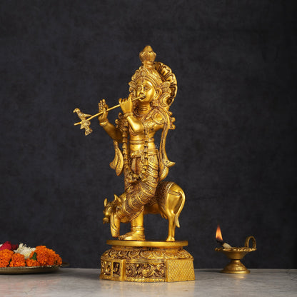 Pure Brass Standing Lord Krishna with Cow Statue 15 inch - Budhshiv.com
