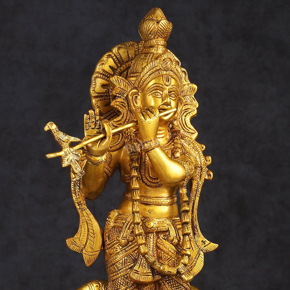 Pure Brass Standing Lord Krishna with Cow Statue 15 inch - Budhshiv.com