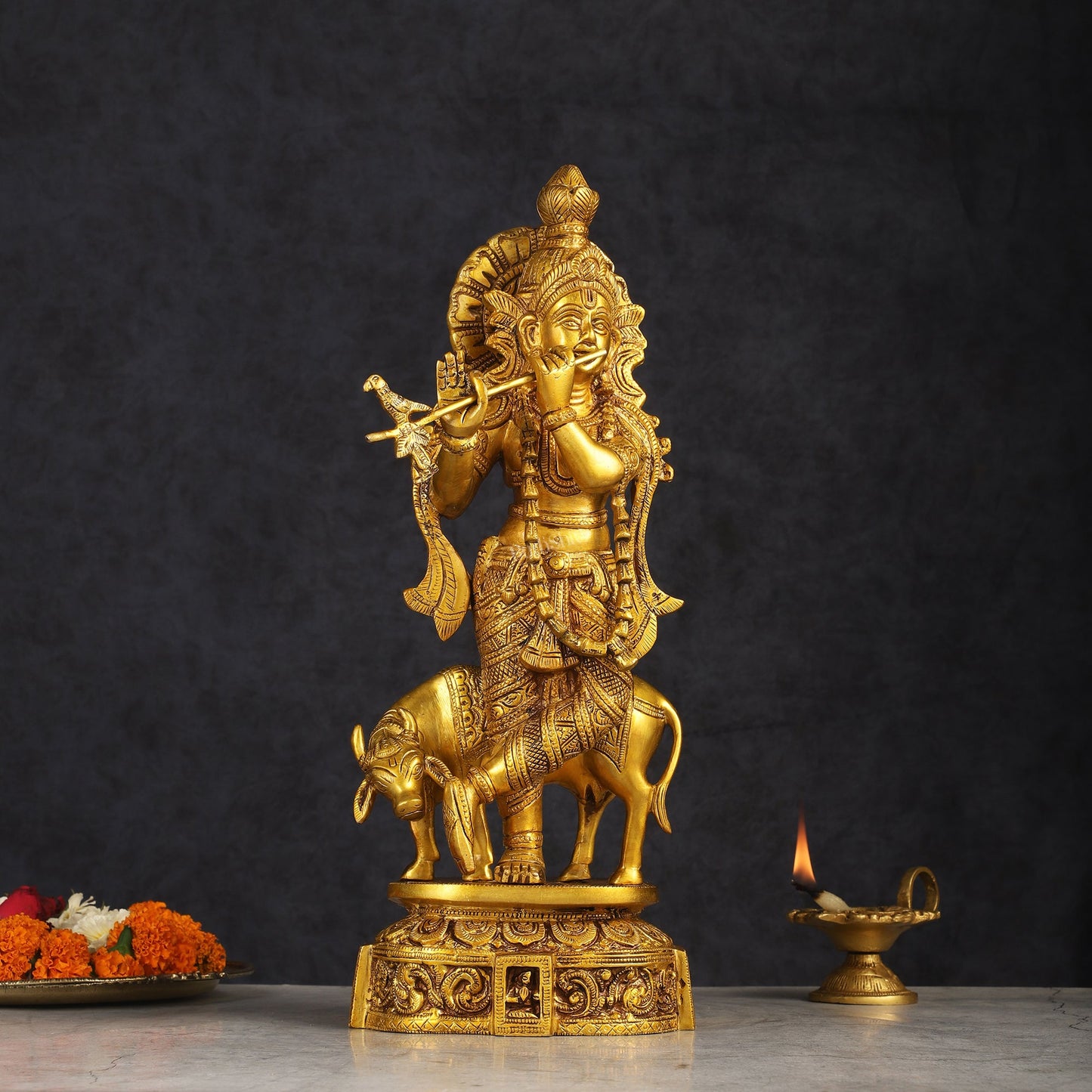 Pure Brass Standing Lord Krishna with Cow Statue 15 inch - Budhshiv.com