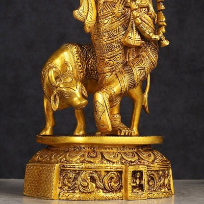 Pure Brass Standing Lord Krishna with Cow Statue 15 inch - Budhshiv.com