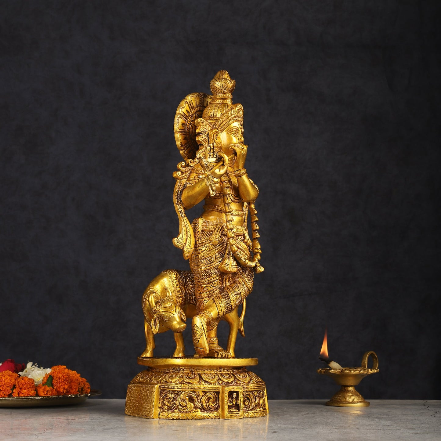 Pure Brass Standing Lord Krishna with Cow Statue 15 inch - Budhshiv.com
