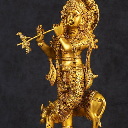 Pure Brass Standing Lord Krishna with Cow Statue 15 inch - Budhshiv.com