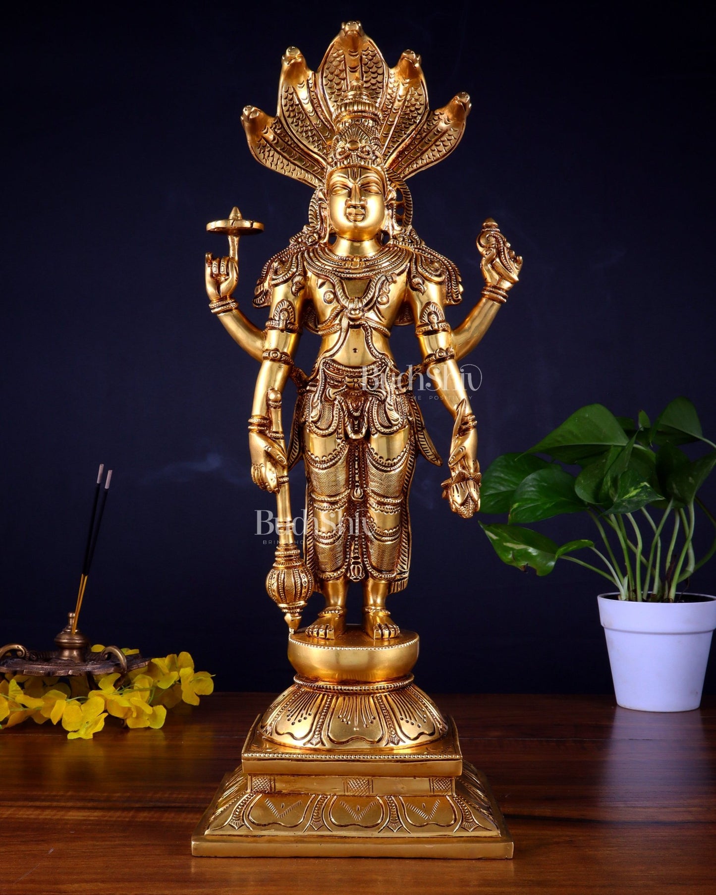 Pure Brass Standing Lord Vishnu with Sheshanaag – Highly Detailed Statue 18 inch - Budhshiv.com