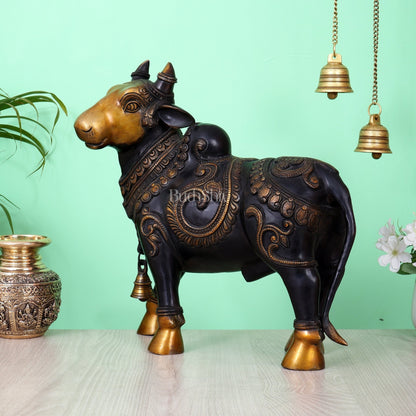 Pure Brass Standing Nandi Fully Engraved Sculpture 14" black edition - Budhshiv.com