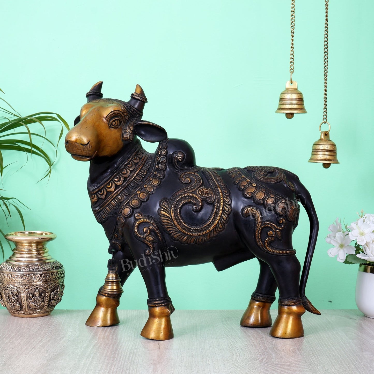 Pure Brass Standing Nandi Fully Engraved Sculpture 14" black edition - Budhshiv.com