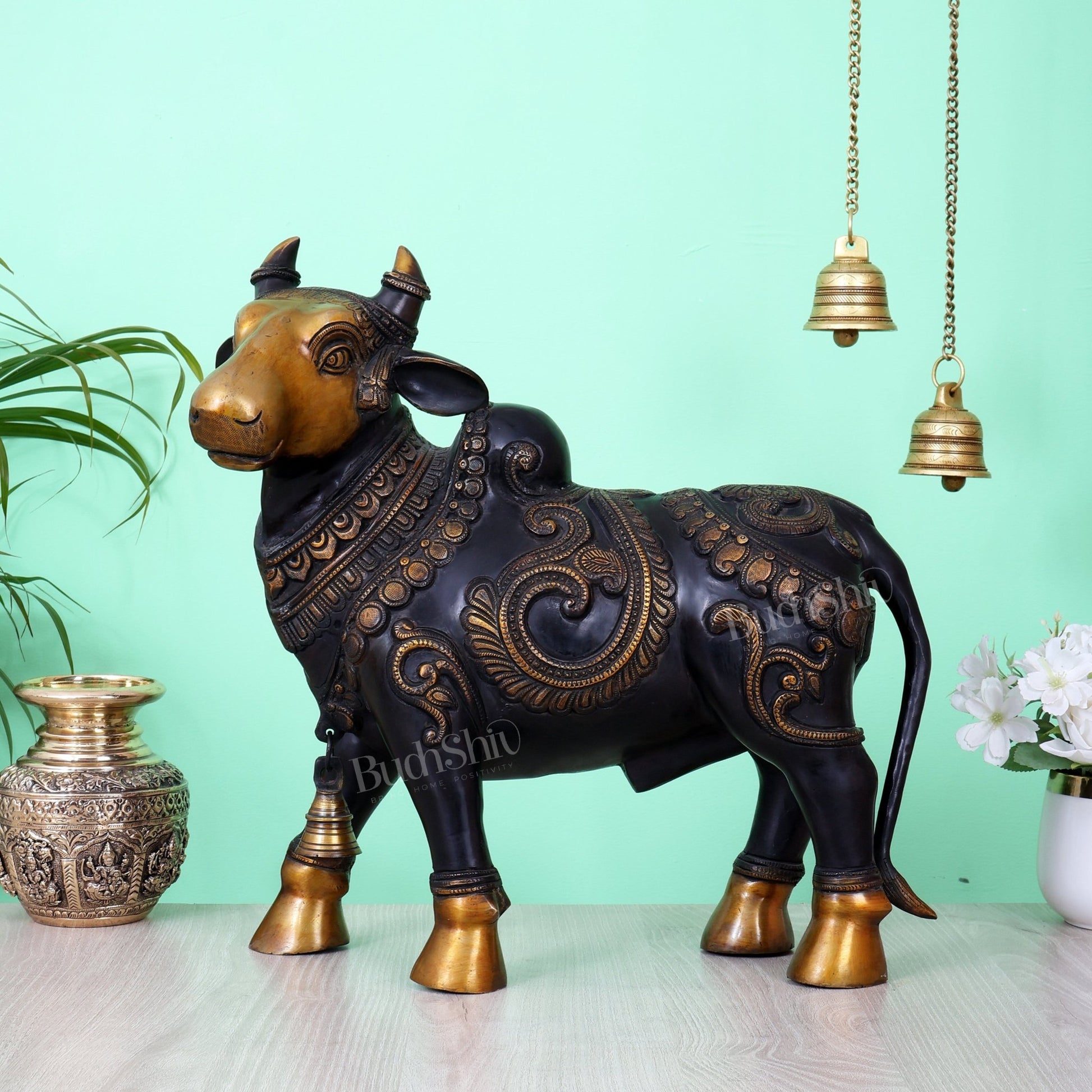 Pure Brass Standing Nandi Fully Engraved Sculpture 14" black edition - Budhshiv.com